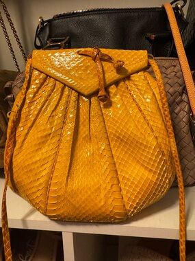 Judith Leiber Mustard Yellow Python-Texture Drawstring Crossbody